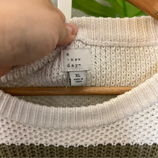 🫶 A New Day Olive & Cream Chunky Knit Slouch Sweater Sz XL | Cozy Knit Sweater