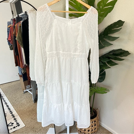 ✨ Petalush White Swiss Dot Long Sleeve Midi Dress L | Sheer-Sleeve Tiered Dress