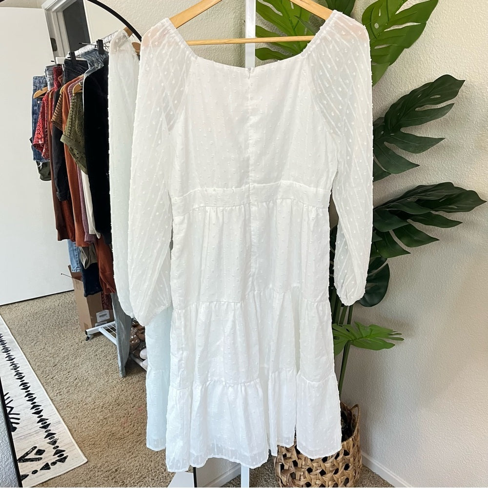 ✨ Petalush White Swiss Dot Long Sleeve Midi Dress L | Sheer-Sleeve Tiered Dress