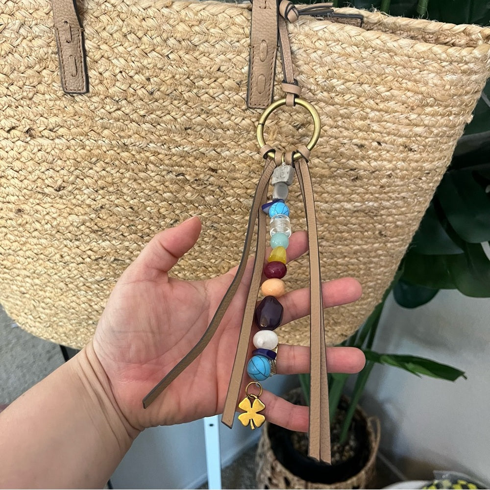 🍀 Lucky Brand Natural Straw Tote Bag with Leather Straps & Beaded Charm | Boho